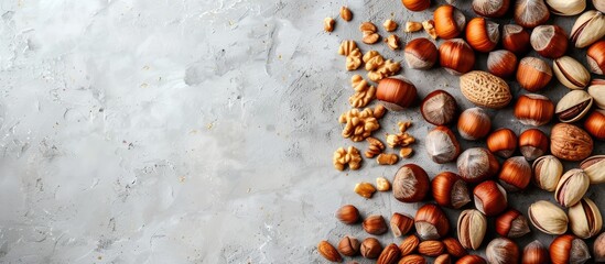 Poster - Assorted nuts and hazelnuts arranged on a fresh background with copy space image.
