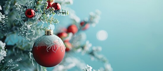 Poster - Charming Christmas tree ornament on a blue backdrop with available copy space image.