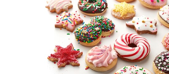 Poster - Festive treats popular during the holiday season, often adorned with colorful icing and sprinkles, can be found in various shapes and flavors with a white background copy space image.