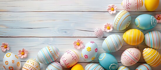 Poster - Easter eggs arranged on a light wooden backdrop with copy space image.