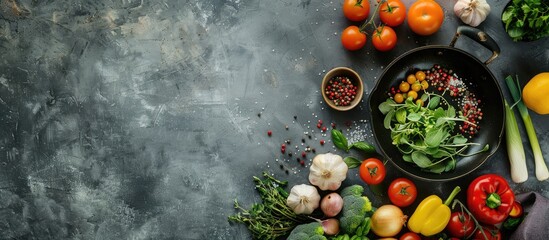 Poster - An arrangement on a grey table featuring a frying pan, fresh produce, and room for text in a copy space image.