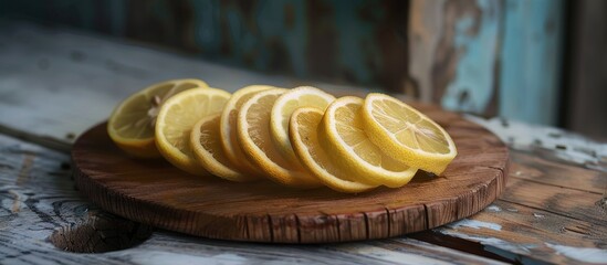 Poster - An artistic arrangement of lemon slices on a wooden plate with copy space image available.