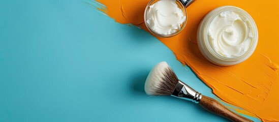 Poster - Colorful background with shaving brush and cream in flat lay composition, offering copy space image.