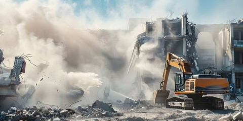 Tearing Down an Old Factory Amidst Noisy Machinery and Swirling Dust. Concept Industrial Demolition, Dust and Debris, Machinery Noise, Factory Dismantling, Urban Renewal