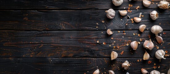 Poster - Dark wooden background with garlic, offering ample copy space image.