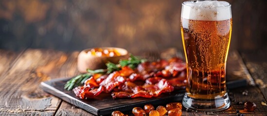 Poster - Beer and delicious fried bacon garnished with rosemary, with an area for adding text or images. image with copy space