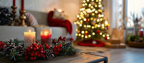 Poster - Festive Christmas season with home decorations enhancing the ambiance. Include a copy space image.