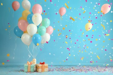 Poster - A festive scene with brightly colored balloons, confetti, and gifts against a blue backdrop, perfect for a childrens birthday party. Generative AI