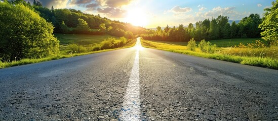 Poster - Clear day in the countryside with an empty road, providing a serene copy space image.