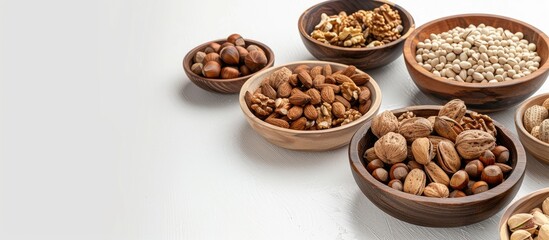 Poster - Assortment of nuts on wood dishes against white backdrop with room for copy space image.