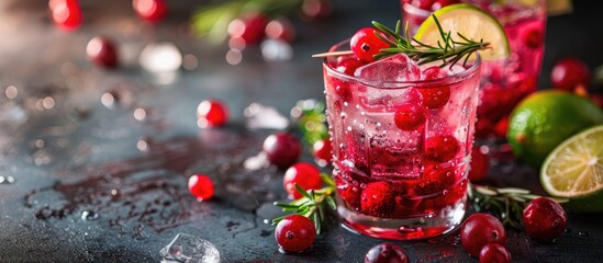 Poster - Cranberry cocktail garnished with ice, berries, lime, and rosemary, creating an enticing copy space image.