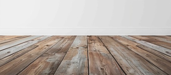 Poster - An interior room with an empty space, featuring a white wall with wooden planks in the foreground, showcasing the floor from a unique perspective, creating a rustic background for a copy space image.