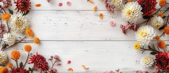 Aufkleber - Chrysanthemum flowers form an elegant frame on a white wooden backdrop, ideal for a copy space image.