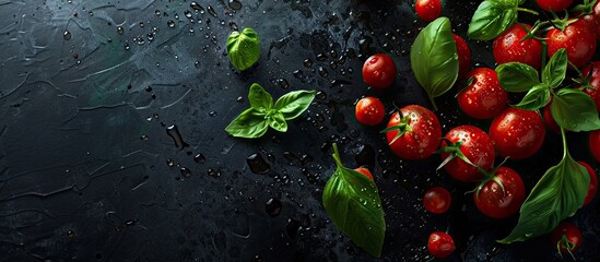 Poster - Dark background with copy space image showcasing cherry tomatoes and basil leaves adorned with water droplets.