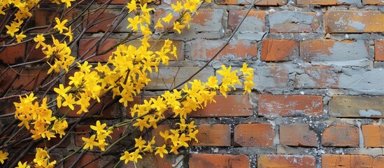 Poster - Beautiful Forsythia bush in bloom against a brick wall, with copy space image.
