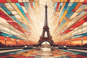 eiffel tower paris retro stained glass illustration