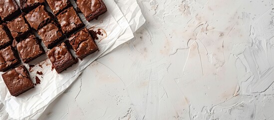 Poster - Delicious chocolate cheese brownies on white paper with copy space image, ideal for recipes, articles, or baking content.