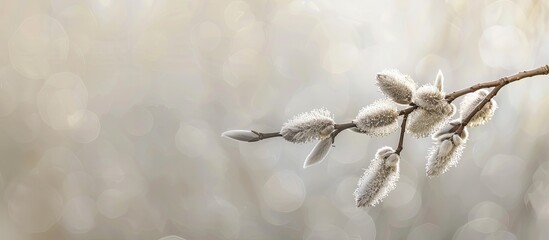 Wall Mural - Catkins on a willow branch against a soft spring backdrop for a copy space image.
