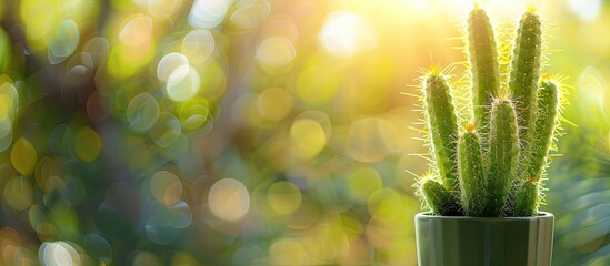Aufkleber - Cactus in a pot on a blurred tree background, suitable for educational or business wallpapers, emphasizes the note-taking product with ample copy space image.