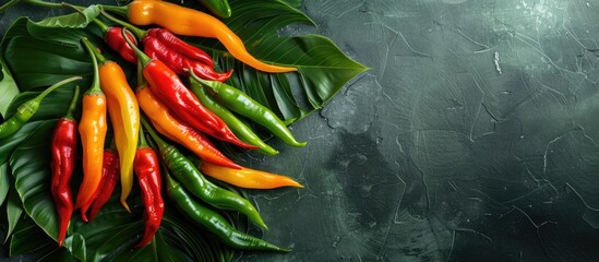 Wall Mural - Market-fresh hot peppers displayed on banana leaves with copy space image for customization, ideal for various uses.