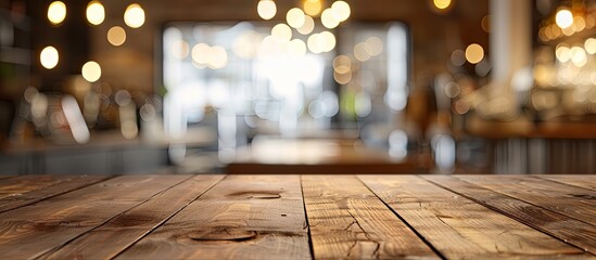 Aufkleber - An empty brown wooden table at a coffee shop with a blurred background and bokeh effect, perfect for showcasing products in a copy space image.