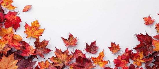 Poster - Top-down view of vibrant autumn maple leaves scattered on a blank white backdrop, creating a border design with a designated copy space image.