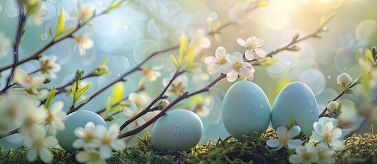 Poster - Spring Easter concept with close-up of miniature eggs and blooming twigs against a vibrant garden backdrop with copy space image.