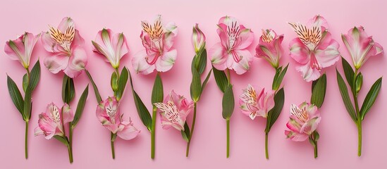Aufkleber - Alstroemeria flowers arranged on a pink background for a greeting card concept with top view and copy space image.