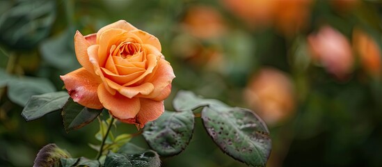 Poster - An orange rose blooms beautifully in a garden setting, ideal for a copy space image.