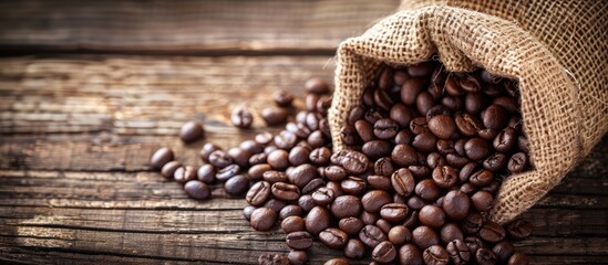 Poster - Coffee beans in a burlap bag on a rustic wooden surface with a blank area for text or images in the backdrop. copy space available