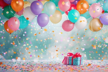 Poster - Bright balloons and confetti fill the air above a single gift box on a table. Generative AI