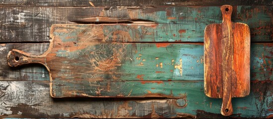 Old, colored wooden planks create a backdrop for a vintage cutting board in the concept of a food background, with a small blank area for copy space image.