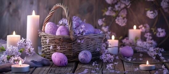 Sticker - A basket filled with Easter eggs painted in lilac hues, adorned with flowers, and surrounded by candles on a wooden background, perfect for a copy space image.