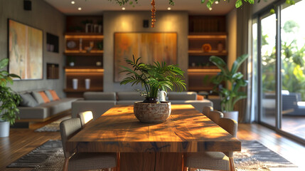 Wall Mural - A modern wooden dining table surrounded by a cozy room.