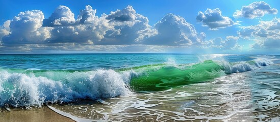 Poster - Scenic beach setting with vibrant green wave crashing against the shoreline under a sky scattered with fluffy white cumulus clouds, ideal as a copy space image.