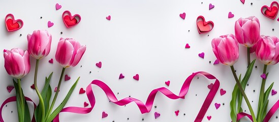 Poster - Valentine's Day themed image featuring pink tulips, hearts, and ribbon on a white background, with space for adding text or other elements. copy space available