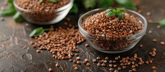 Aufkleber - Close-up of brown roasted buckwheat with raw green buckwheat in the background, serving as a concept for healthy food and diet, with copy space image available.