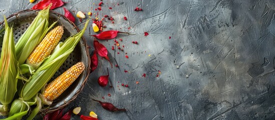 Poster - Basket sieve plate with fresh baby corn in husk and red silk on a gray table with copy space image.