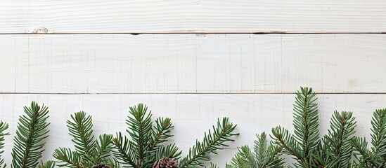 Poster - Rustic white wooden board decorated with Christmas fir tree branches, ideal for featuring a copy space image.