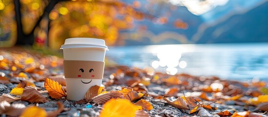 Poster - Fall-themed concept with a cheerful coffee cup featuring a smiling face amidst autumn leaves, with a tranquil lake and mountains in the blurred background - ideal for a copy space image.