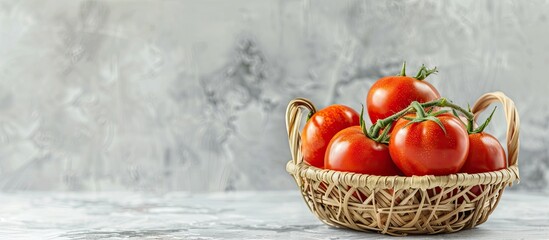 Poster - Ripe tomatoes in a basket displayed on a table with a light background, perfect for adding text beside the copy space image.