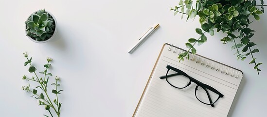Aufkleber - A modern white desk with a notebook, glasses, pen, plant, and flower arranged neatly for a top-down photo, leaving space for additional text or images.
