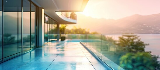 Poster - Blur balcony and terrace against a scenic exterior backdrop with copy space image.