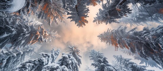 Poster - Scenic winter forest scene with snow-covered alpine trees viewed from below against a soft orange-lit backdrop, featuring a serene atmosphere perfect for a winter-themed copy space image.