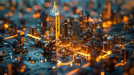 Digital Cityscape: A Futuristic Cityscape Illuminated by Circuitry