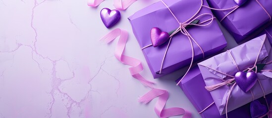 Poster - Top view of purple paper gift bags with heart tweezers at sides, arranged on a banner flat lay. Perfect for holidays and Valentines day, with a copy space image.