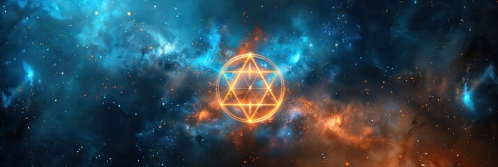 Wall Mural - Abstract cosmic background with glowing pentagram symbol in a starry night. Esoteric, magical and spiritual design. Concept of mysticism, the universe and astrology