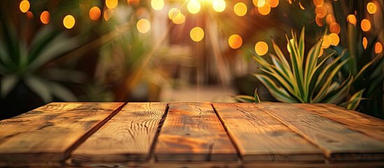 Aufkleber - A wooden table with Redbird Cactus leaves on top, creating a bokeh effect, ideal for product displays, featuring ample copy space in the image.