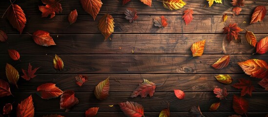 Aufkleber - Wooden background with autumn leaves creating a cozy setting for a copy space image