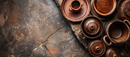 Poster - Top view of rustic clay dishes like pot, plates, and gravy boat on a stone table with ample copy space image.